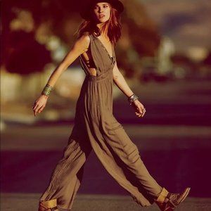 NWOT Free People S Follow Me to Vienna Jumpsuit wide leg Rust maxi Beaded brown
